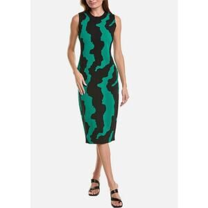 Gracia Graphic Stripe Knit Sheath Dress Stretch Green Black Women's M New